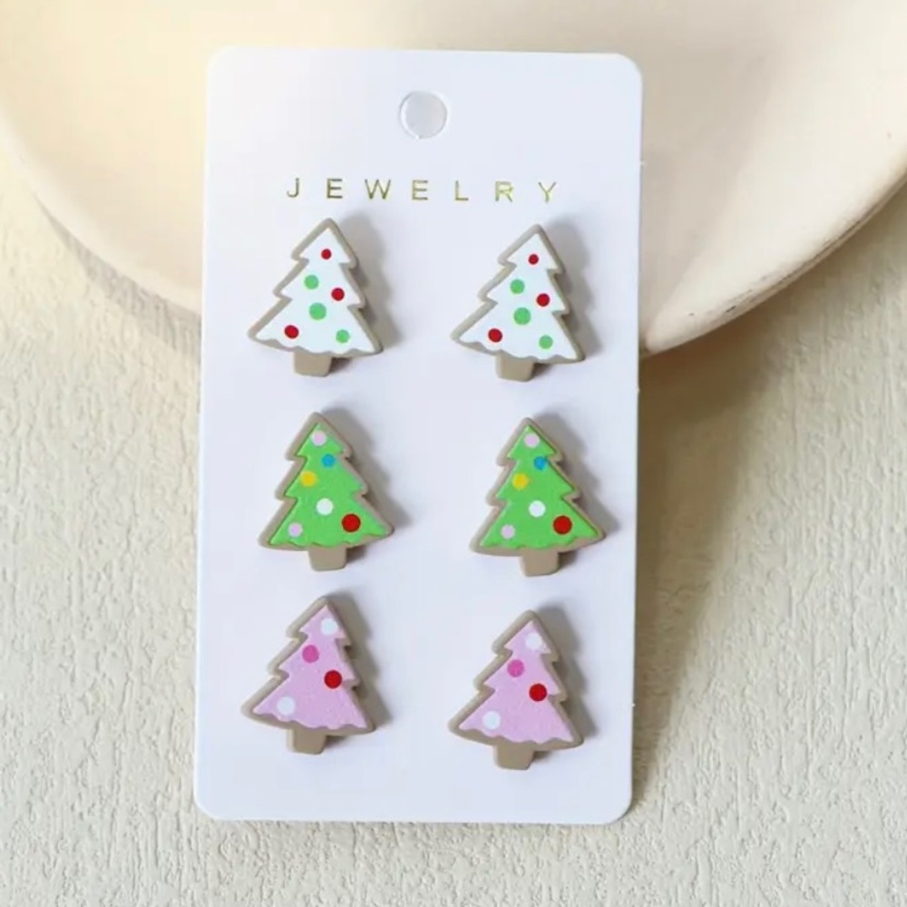 Christmas Tree Acrylic & Polymer Clay 3 Pack Stud Earrings- White, Green & Pink